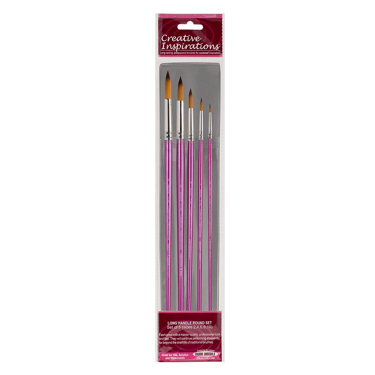 Creative Inspirations Dura-Handle Round Assorted Size Long Handle Paint Brush Set of 5 - Solid Resin Handle, Synthetic Taklon Paint Brushes, round Brush for Oils, Acrylics, Watercolors - Handles Will Not Chip or Crack